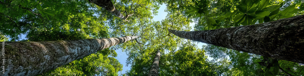 Poster low-angle view of multiple tall trees with green canopy