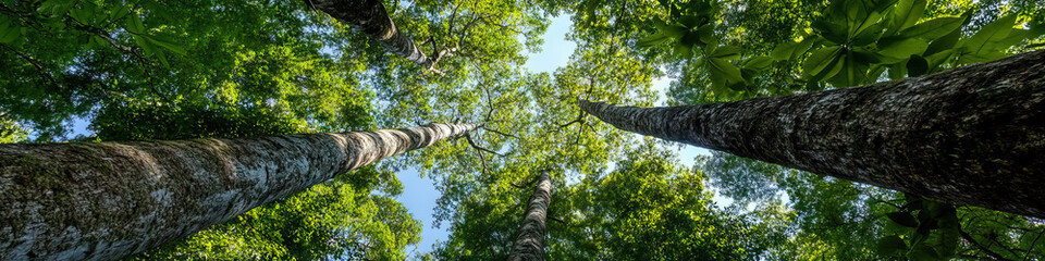 Fototapeta premium Low-Angle View of Multiple Tall Trees with Green Canopy