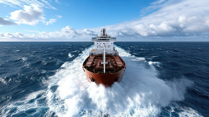 Fototapeta premium Large cargo ship navigating through ocean waves under blue sky