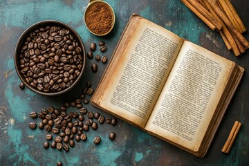 Obraz premium Open book with coffee beans and spices