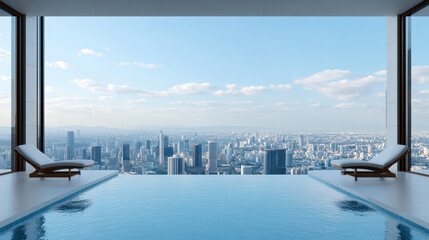 Fototapeta premium stunning skyline view from rooftop infinity pool, showcasing luxury living