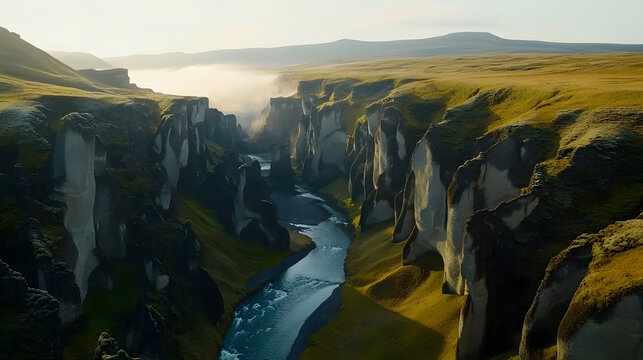 Aerial View of Fja�r�rglj�fur Canyon in Iceland at Sunrise