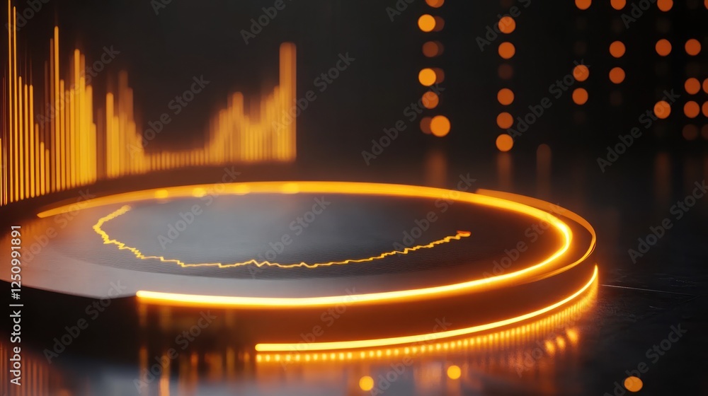 Poster futuristic orange glowing circular platform with data visualization.