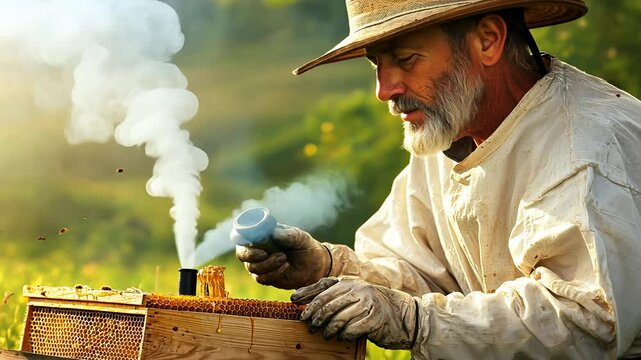Beekeeper Tending Beehive in Lush Rural Landscape