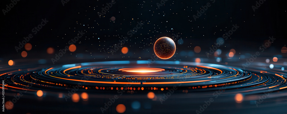 Poster glowing sphere hovers above concentric circles of light, creating futuristic atmosphere. vibrant colors and dynamic particles evoke sense of wonder and innovation