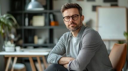 A creative director with glasses, sitting in a minimalist office, dressed in smart-casual attire, using soft gray and white accents