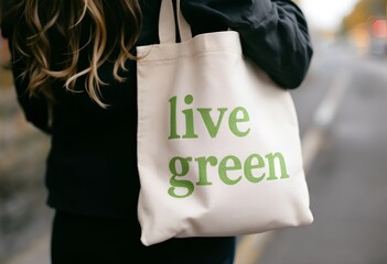 Rear view of woman holding light colored reusable shopping bag with 