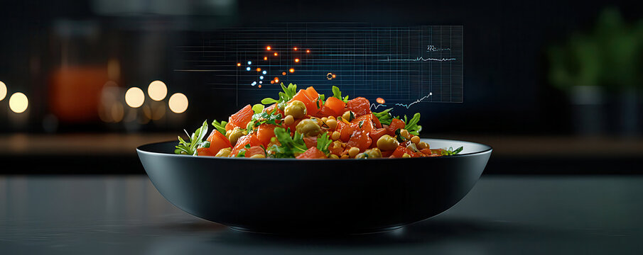 Futuristic nutrition scanner analyzing plated dish of fresh salad with tomatoes, herbs, and chickpeas, showcasing health data visualization - Powered by Adobe