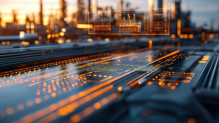 Futuristic refinery with automated robotic systems and digital interfaces showcasing data analytics and technology. scene captures innovation and advanced manufacturing processes