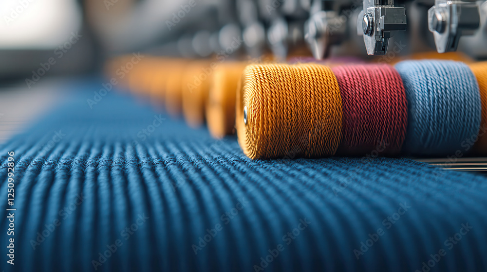 Poster futuristic textile industry with vibrant threads and advanced machinery. image showcases colorful sp