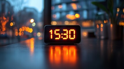 Digital clock showing 330 PM on cafe table, city lights blurred background, time management concept