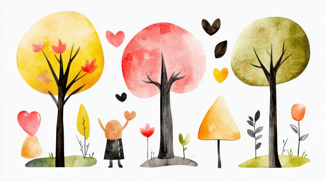 The International Day of Happiness, A diverse group of volunteers planting trees in a vibrant outdoor setting focused on environmental conservation.