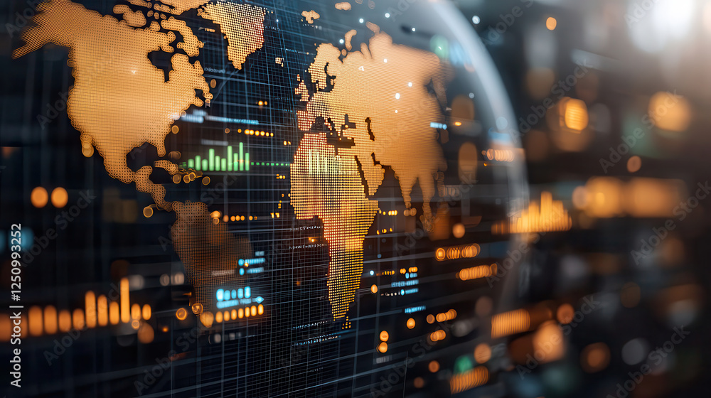 Poster global economy visualization with golden globe and data analytics. this represents financial growth 