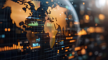 Global economy visualization with golden globe and data analytics. This represents financial growth and international trade, showcasing modern digital world