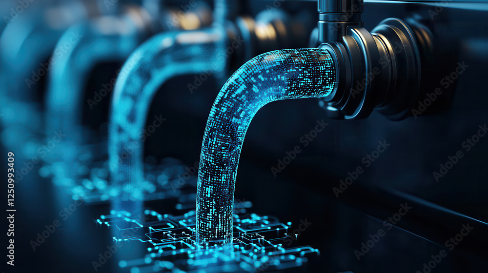 Aufkleber digital water flow from pipes, symbolizing technology and innovation. glowing blue data stream repre