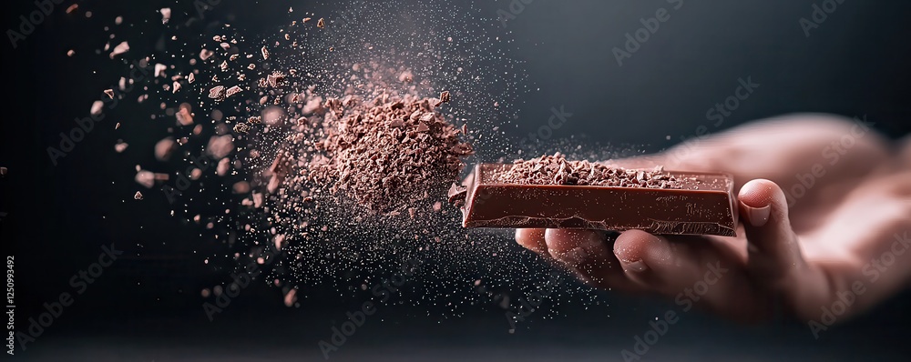 Poster hand holds chocolate bar as it breaks apart, creating cloud of chocolate crumbs. scene captures dyna