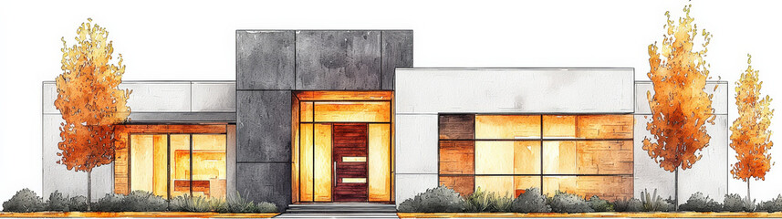 Watercolor_illustration_of_modern_building_facade,_featuring_contrasting_gray_and_white_blocks,_with_warm_light_glowing_from_interior_windows_and_autumnal_trees_flanking.