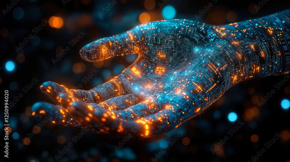 Poster futuristic ai-driven personalization concept with digital hand showcasing adaptive technology for un