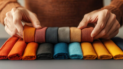 Organized textile samples in various colors, showcasing range of fabrics. person carefully arranges rolled materials, highlighting vibrant hues and textures