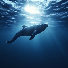 Obraz premium Whale swimming underwater, sunlit ocean, serene scene, nature documentary