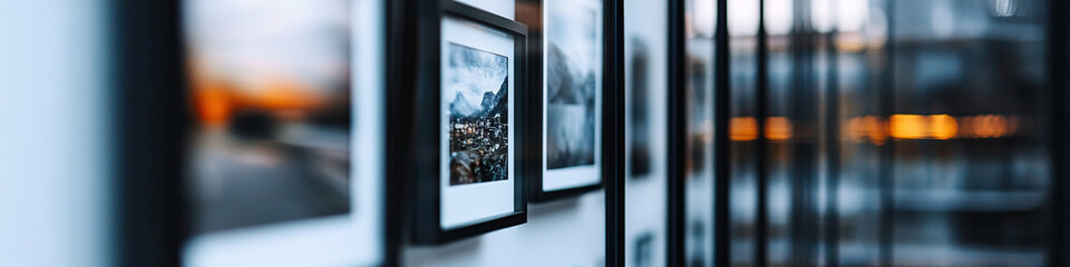 Framed Photographs on White Wall with Blurred Glass Background