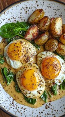 Delicious gourmet brunch dish featuring sunny-side-up eggs, roasted potatoes, and fresh spinach with a flavorful seasoning.