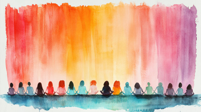 The International Day of Happiness, A serene sunrise meditation scene featuring people in a tranquil setting, perfect for relaxation and wellness themes.