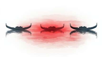Three_stylized_canoes_reflected_on_a_calm,_red-tinged_water_surface,_conveying_a_sense_of_serenity.