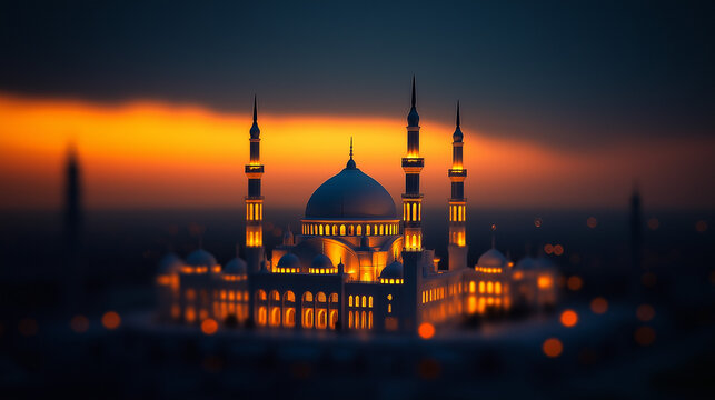 Majest&auml;tische Moschee bei Sonnenuntergang in ruhiger Landschaft

