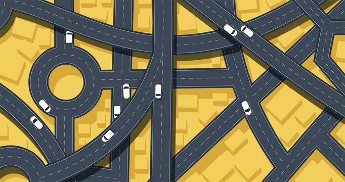 Traffic intersection animation from top view with cars. Concept vehicle with road and crossroad. Generic city map with roads and searching direction, track. Motion background