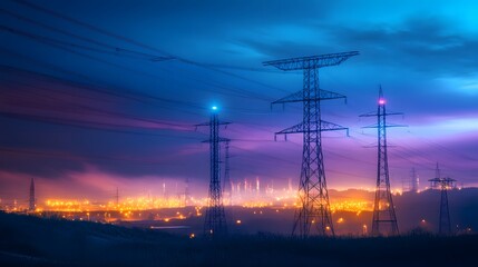 Fototapeta premium A beautiful blue sky with a few clouds and a few power lines. The power lines are lit up with blue lights