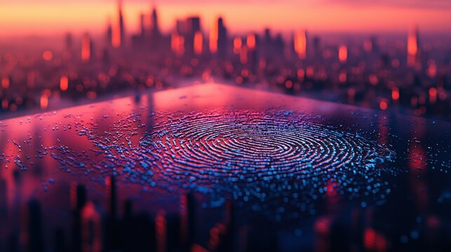 Fingerprint scan on glass at sunset, city backdrop, security access