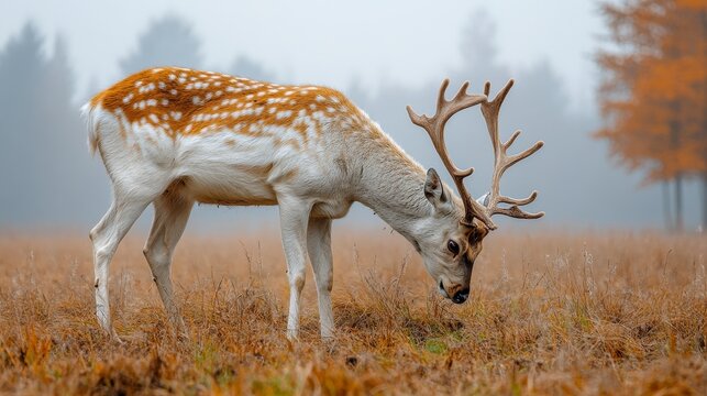 White fallow deer grazing in autumn mist