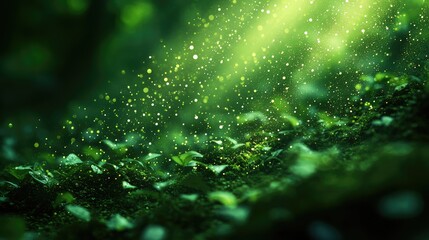 A soft, blurred background featuring gradients of green hues with light spots creating a bokeh effect,