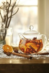 A close-up of a glass teapot brewing herbal tea with ingredients like dried oranges, cinnamon sticks, and cloves. The setup includes a wooden table, snowy branches, and warm tones.