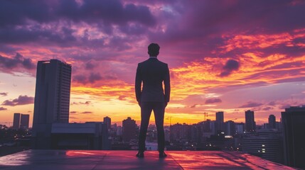 Fototapeta premium A businessman standing on a rooftop at sunset, wearing a charcoal-gray suit, with a vibrant orange and purple sky