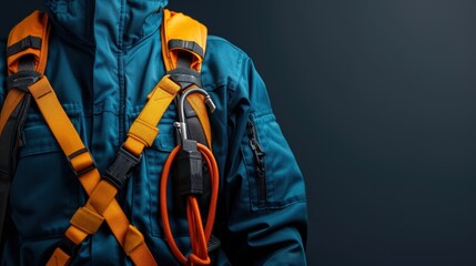 Fototapeta premium Climber wearing harness with safety gear against a dark background.