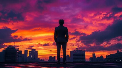 Fototapeta premium A businessman standing on a rooftop at sunset, wearing a charcoal-gray suit, with a vibrant orange and purple sky