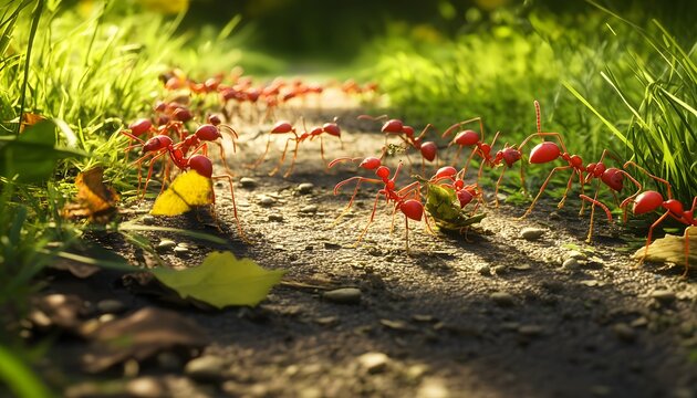 Red ants march along a forest path carrying leaves