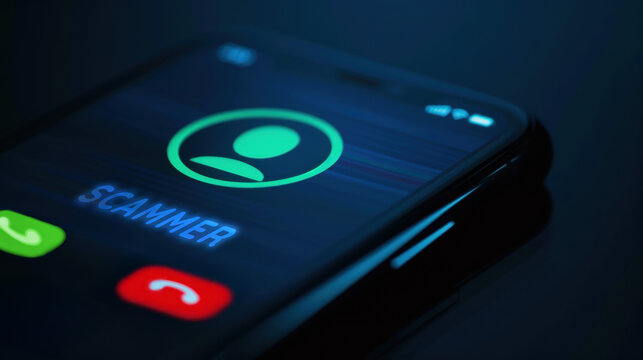 Mobile phone displaying a call from a scammer in dark lighting.