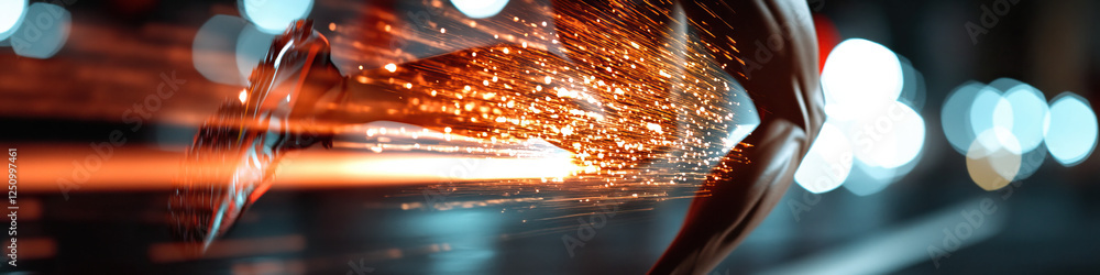 Poster grinding tool in operation with sparks and bokeh background