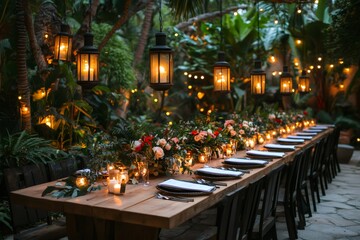 Fototapeta premium Hanging lanterns illuminating tropical wedding reception table setting