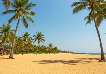 Fototapeta premium Palm tree lined beach in Brazil perfect for travel brochures, vacation destination websites, tropicalthemed decor, and summer advertisements.