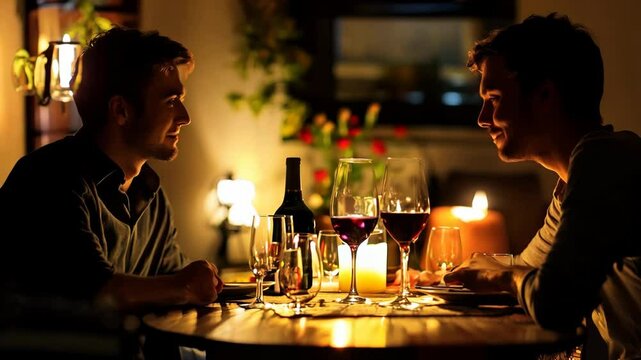 Two happy friends share moment cafe. Glasses of red wine on table, cozy vibe of evening at restaurant. Laughing men have fun together. Romantic dining. First date of gay couple. Joyful guys talk.
