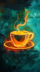 Neon Glowing Coffee Cup with Vibrant Steam Art