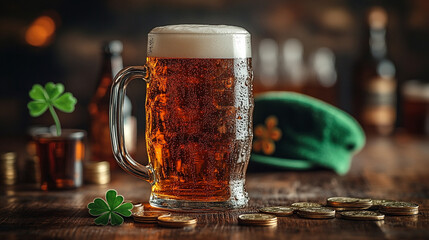 Celebrate St. Patrick's Day with a frosty mug of beer and festive decorations at the lively bar counter