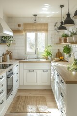 Fototapeta premium Bright White Kitchen With Wooden Accents And Plants