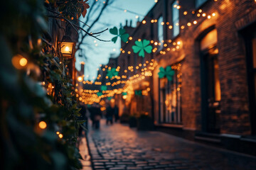 Stimmungsvolle Gasse mit gr&uuml;nen Schildern in einer historischen Stadt

