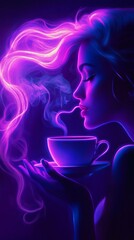 Neon Glowing Coffee Cup with Vibrant Steam Art