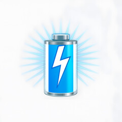 A shiny battery with a glowing blue lightning bolt on a white background, symbolizing clean energy. Generative AI